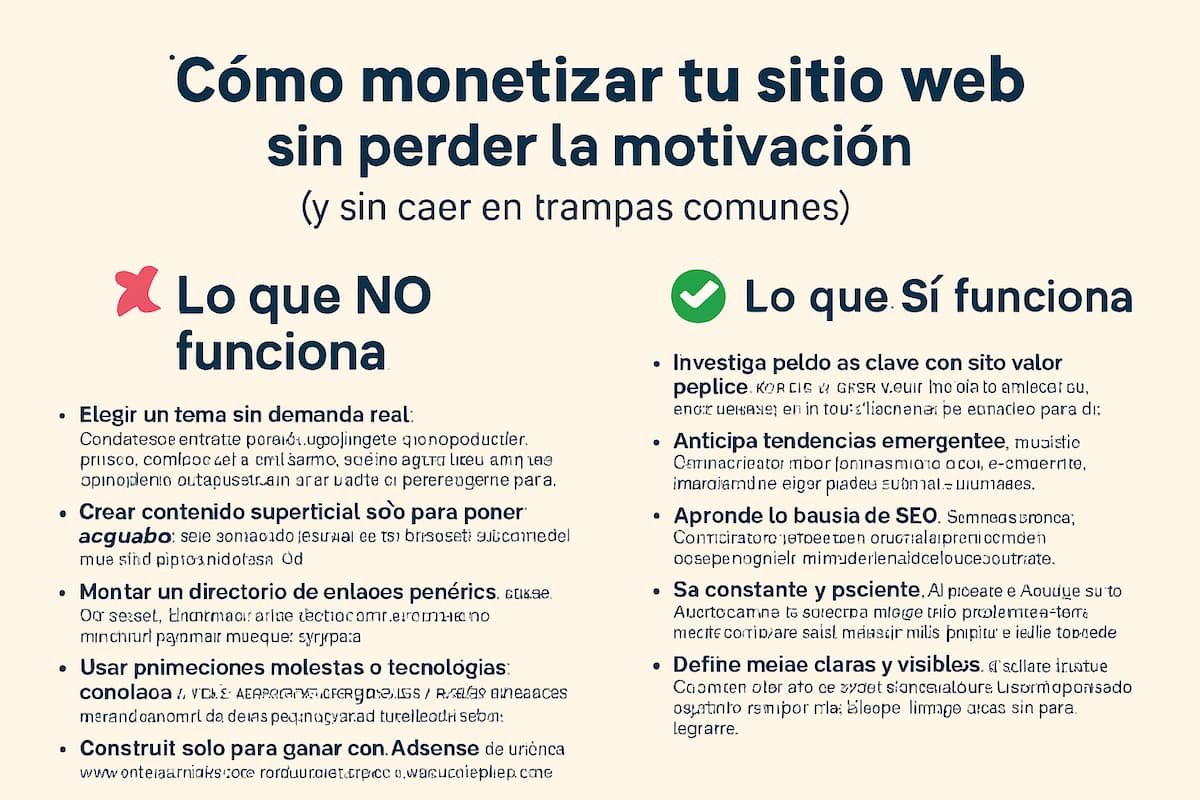 Ilustración motivadora sobre buenas prácticas para monetizar una web: investigación de palabras clave, metas claras, contenido útil y estrategia SEO.