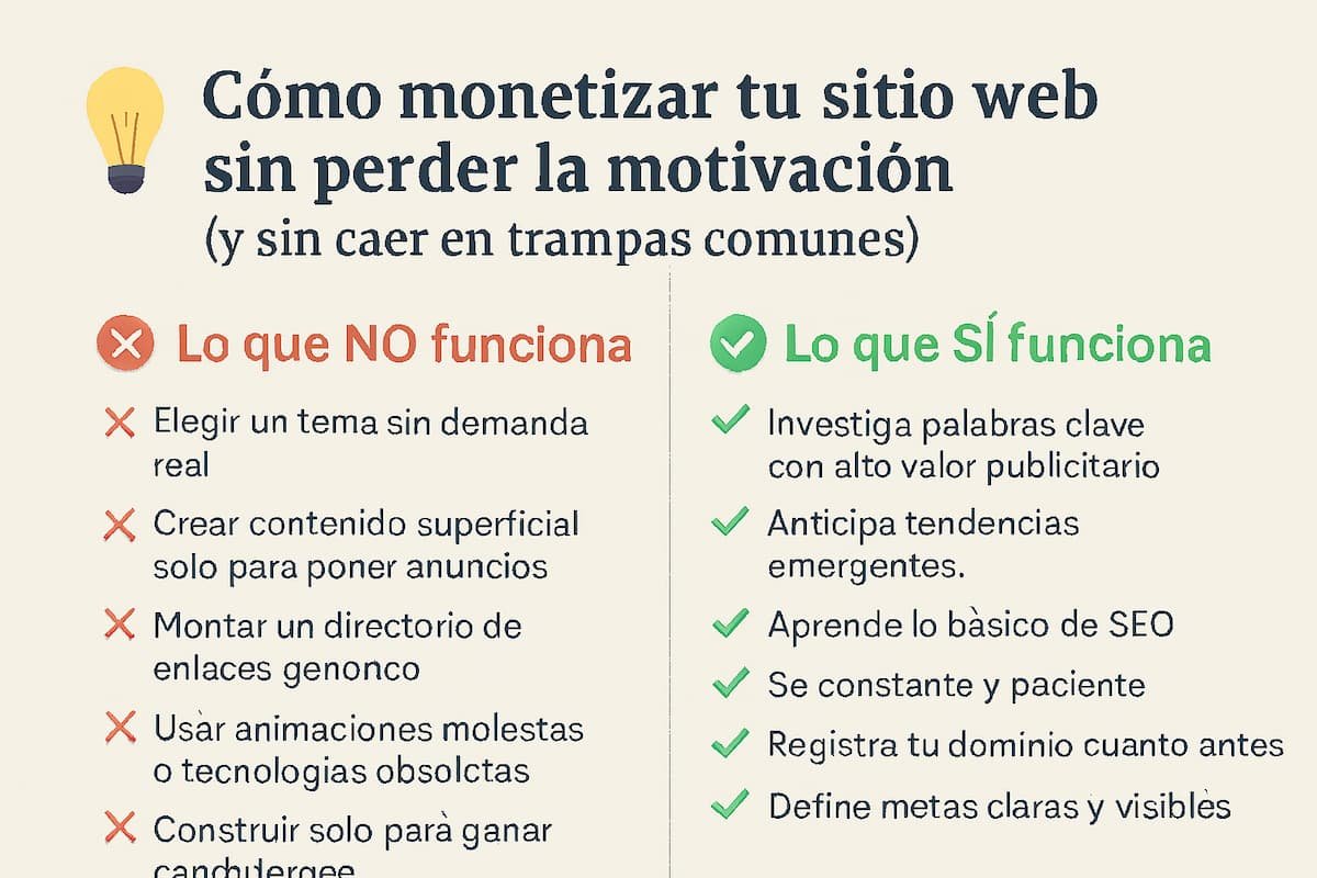 Infografía que muestra errores comunes al intentar monetizar una web: contenido superficial, exceso de anuncios, animaciones molestas y diseño confuso