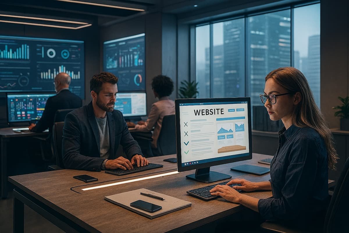 Digital realista de una oficina moderna donde profesionales colaboran en el diseño de sitios web exitosos