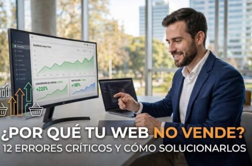 Un profesional de marketing digital sonríe en una oficina moderna frente a monitores con gráficas de crecimiento de tráfico y ventas, con un superpuesto de texto que dice: "¿POR QUÉ TU WEB NO VENDE? 12 ERRORES CRÍTICOS Y CÓMO SOLUCIONARLOS"