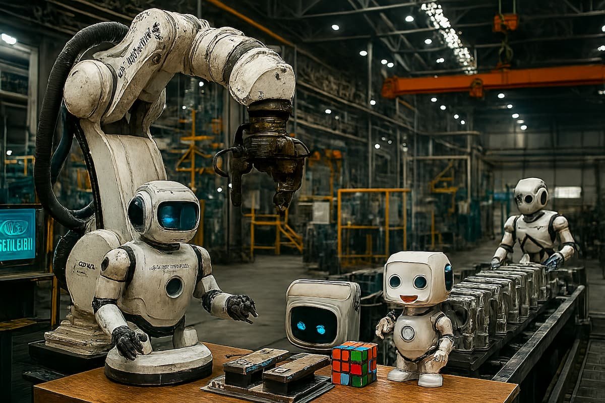 Imagen hiperrealista de robótica industrial en fábrica moderna: brazos robóticos ensamblando componentes metálicos con precisión sobre línea automatizada, en entorno limpio y sostenible.