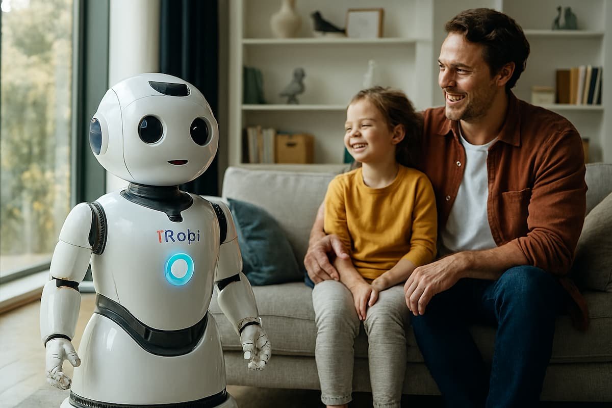 Robots domésticos como iRobi en acción dentro de un hogar futurista, interactuando con una familia en un entorno cálido y tecnológicamente avanzado.