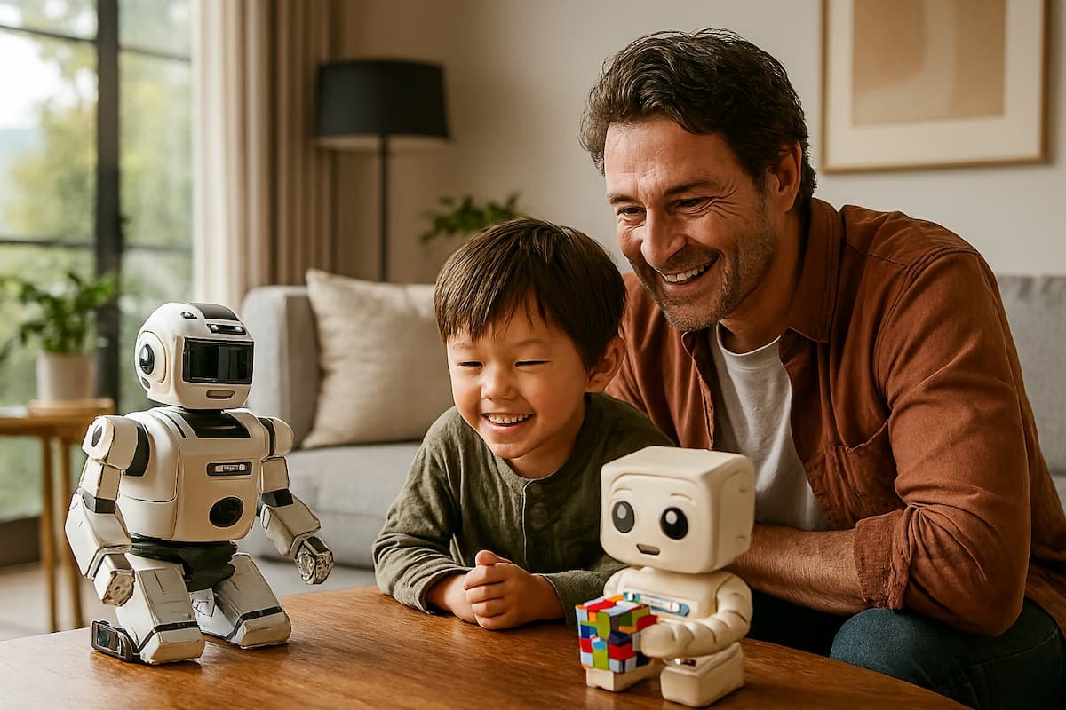 Robots lúdicos como i-Sobot y Cube-chan en acción durante la feria iREX 2025, bailando y resolviendo el cubo Rubik frente a una audiencia entusiasta en un entorno futurista y educativo.