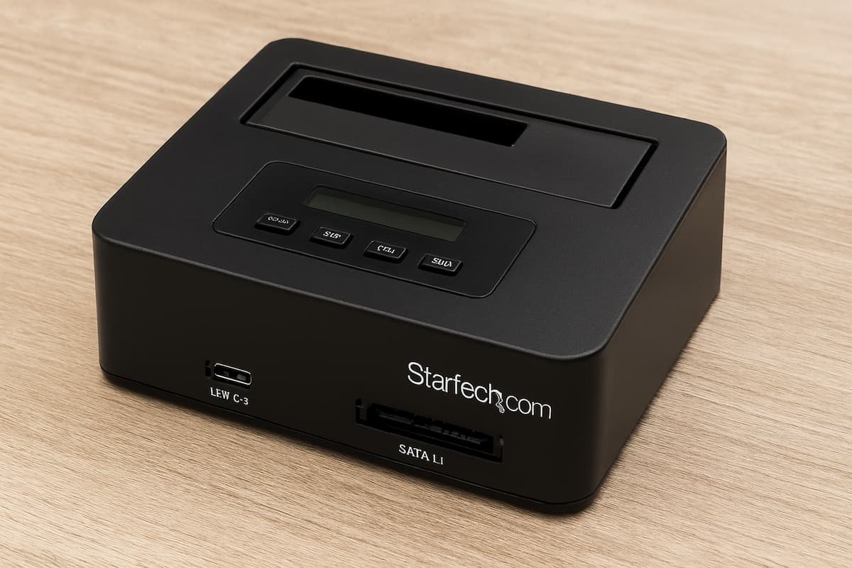 Duplicador StarTech portátil con discos SSD y HDD insertados sobre escritorio de madera clara, vista frontal