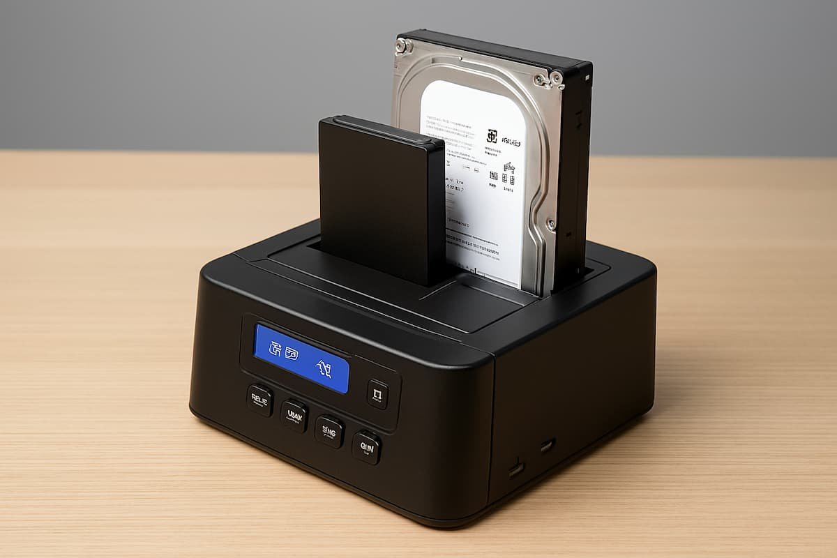 Duplicador StarTech portátil mostrando puertos USB-C y SATA III, sobre superficie de madera clara, estilo minimalista.