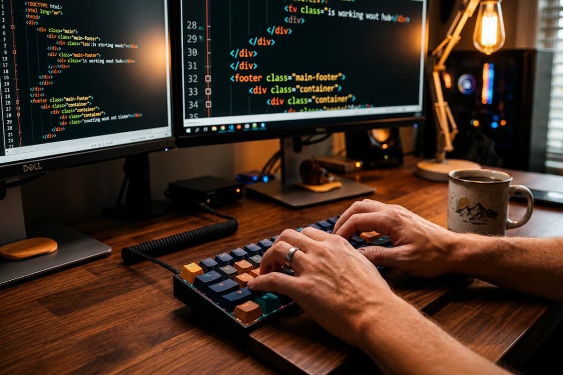 programador escribiendo codigo html teclado