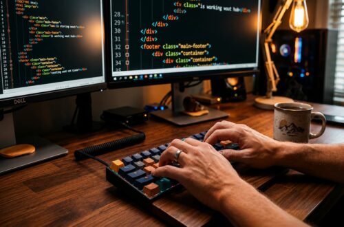 programador escribiendo codigo html teclado