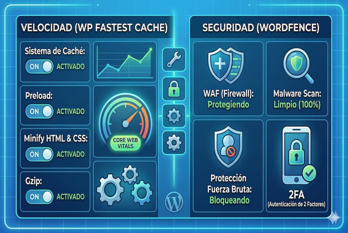 Infografía sobre optimización de WordPress que muestra los logotipos de WP Fastest Cache con un cohete representando velocidad y Wordfence Security con un escudo representando protección web