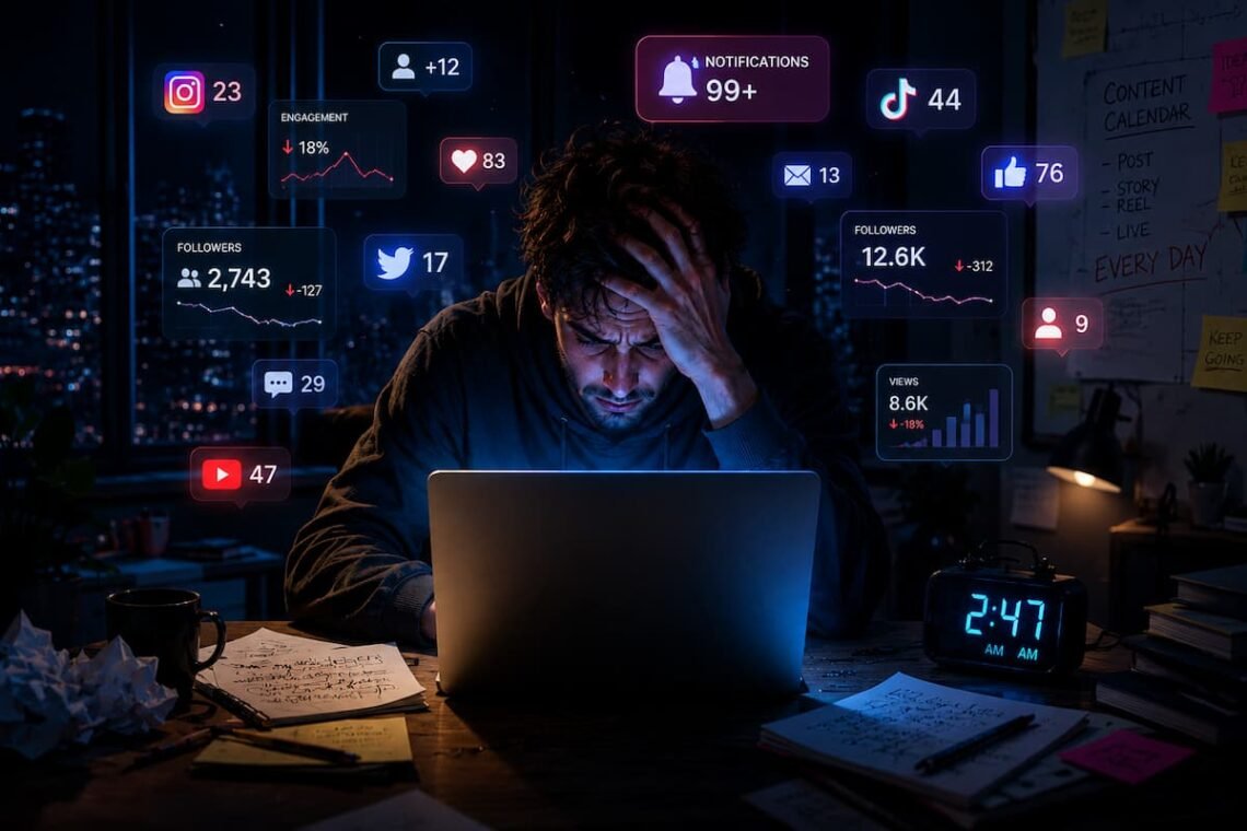 blogger burnout noche laptop agotamiento