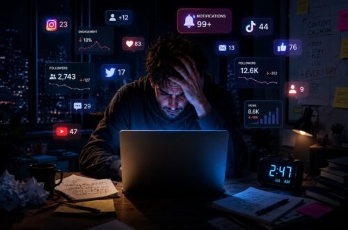 blogger burnout noche laptop agotamiento