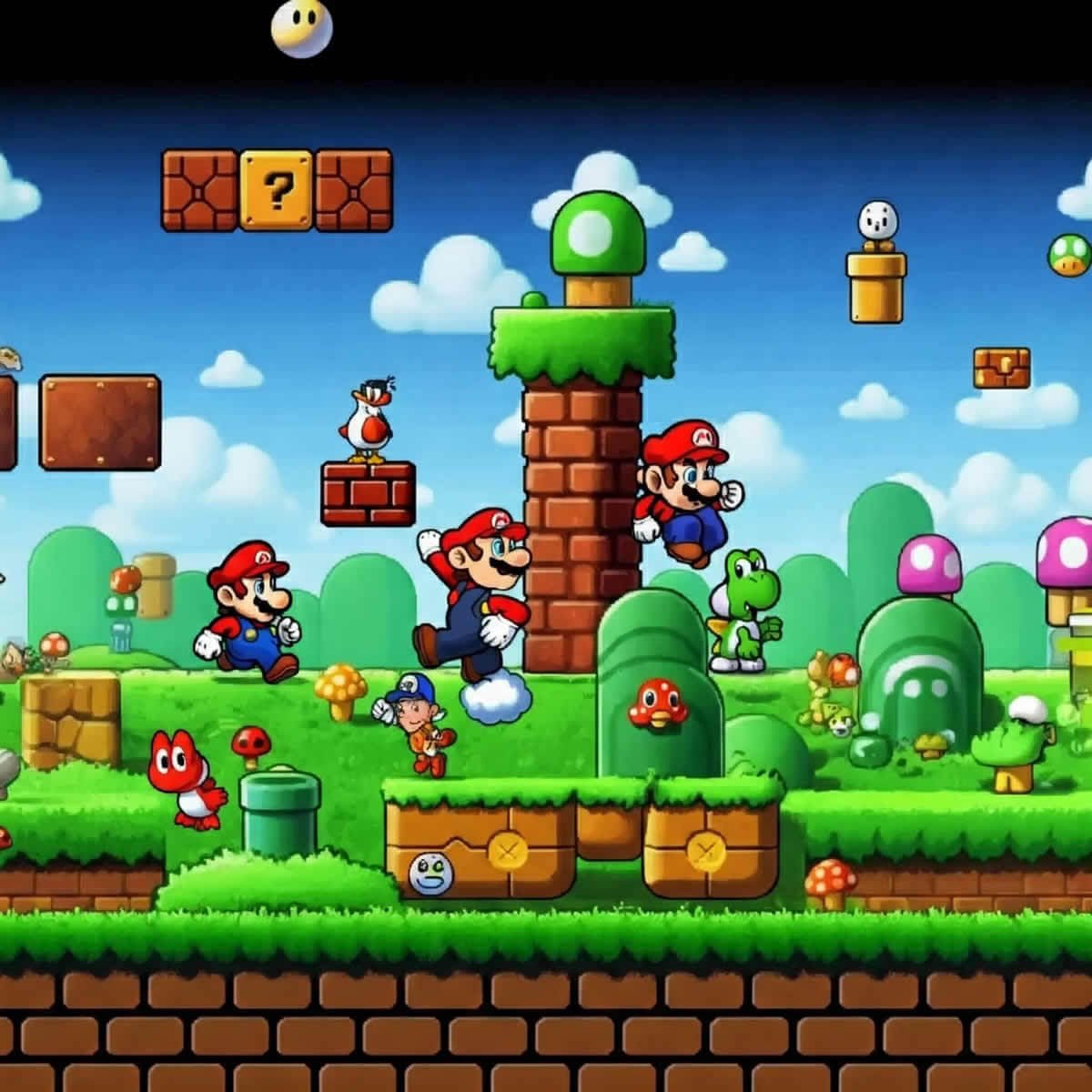 Diseño artístico de Mario Bros explorando plataformas y superando niveles icónicos