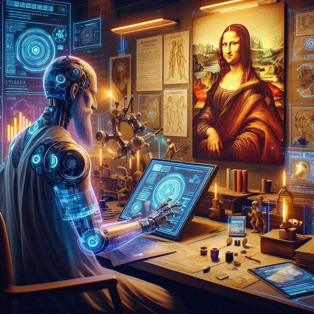 Androide con rasgos de Leonardo da Vinci en un laboratorio futurista rodeado de hologramas y bocetos renacentistas