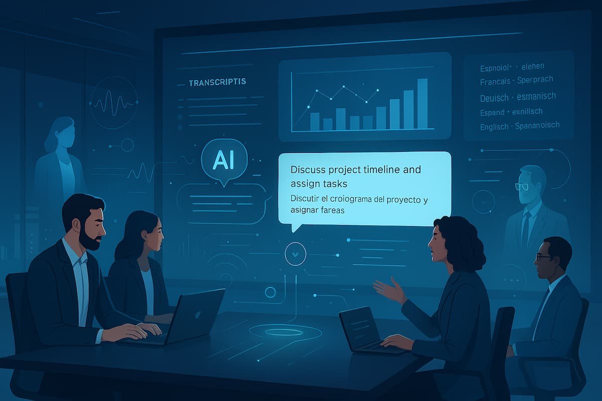 Sala de reuniones corporativa futurista con asistentes presenciales y holográficos, pantalla digital mostrando transcripciones, subtítulos multilingües y análisis generados por inteligencia artificial.