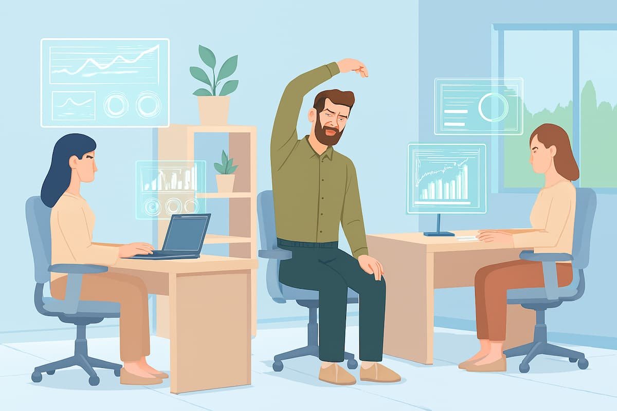 Tres personas en oficina moderna: dos con postura ergonómica correcta y una realizando estiramiento suave en su escritorio, rodeados de luz natural y gráficos digitales