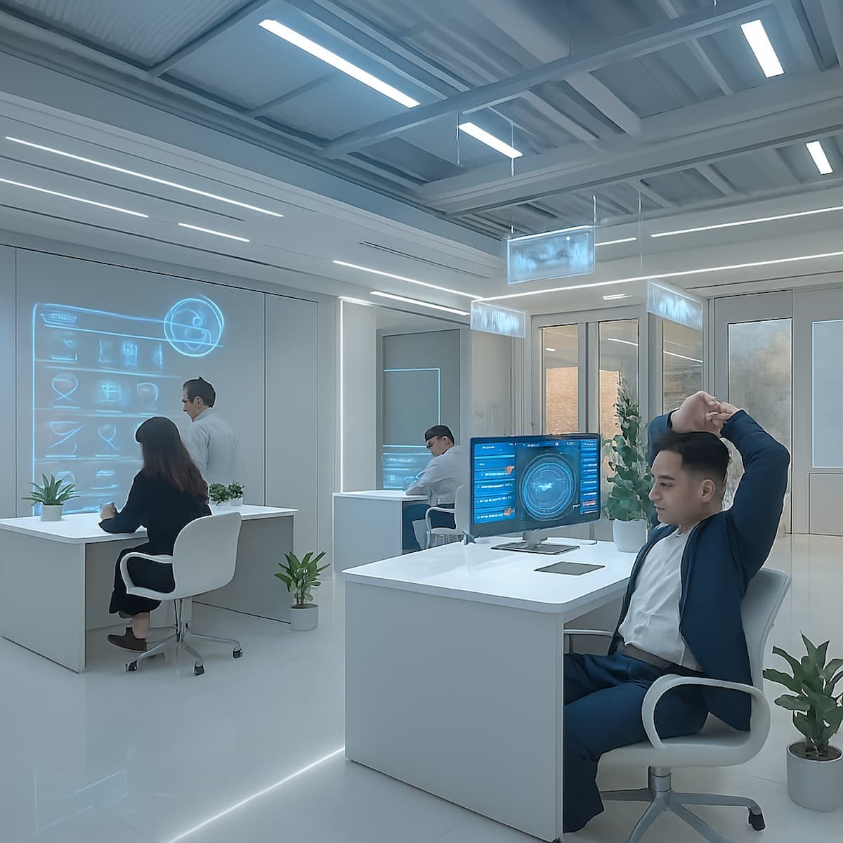 Oficinista realizando estiramiento cervical en su escritorio durante un microdescanso, con ambiente iluminado y plantas decorativas