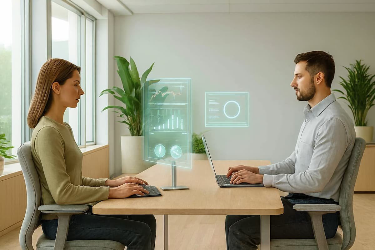 Espacio de trabajo moderno con luz natural, plantas verdes, mobiliario ergonómico y tecnología integrada, ideal para fomentar bienestar laboral