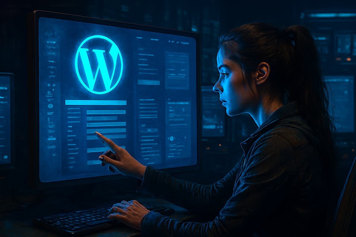 Imagen digital hiperrealista de una mujer profesional mirando un panel de control WordPress con interfaz holográfica
