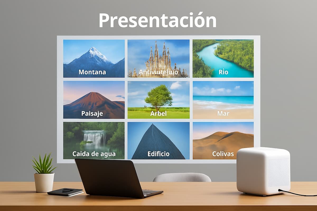 Proyector inteligente sobre escritorio de oficina proyectando presentación con imágenes de naturaleza y arquitectura en pared gris. Incluye laptop, planta decorativa y silla ergonómica.