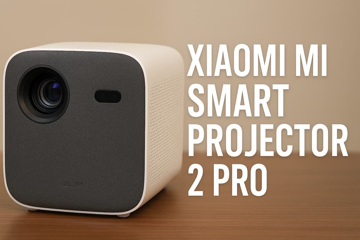 Proyector Xiaomi Mi Smart Projector 2 Pro sobre superficie de madera, con fondo beige y texto destacado en blanco.