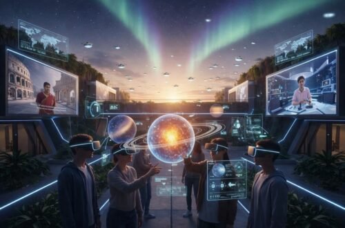 Escena educativa con estudiante utilizando visor de realidad extendida XR en un aula moderna, interactuando con modelos 3D inmersivos que representan el aprendizaje del futuro.