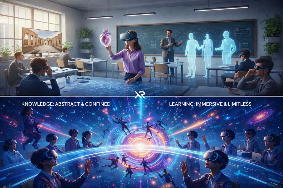 Comparación entre aula tradicional con estudiantes usando visores XR y un entorno inmersivo futurista lleno de hologramas, galaxias y datos digitales, destacando la evolución del aprendizaje hacia experiencias ilimitadas.