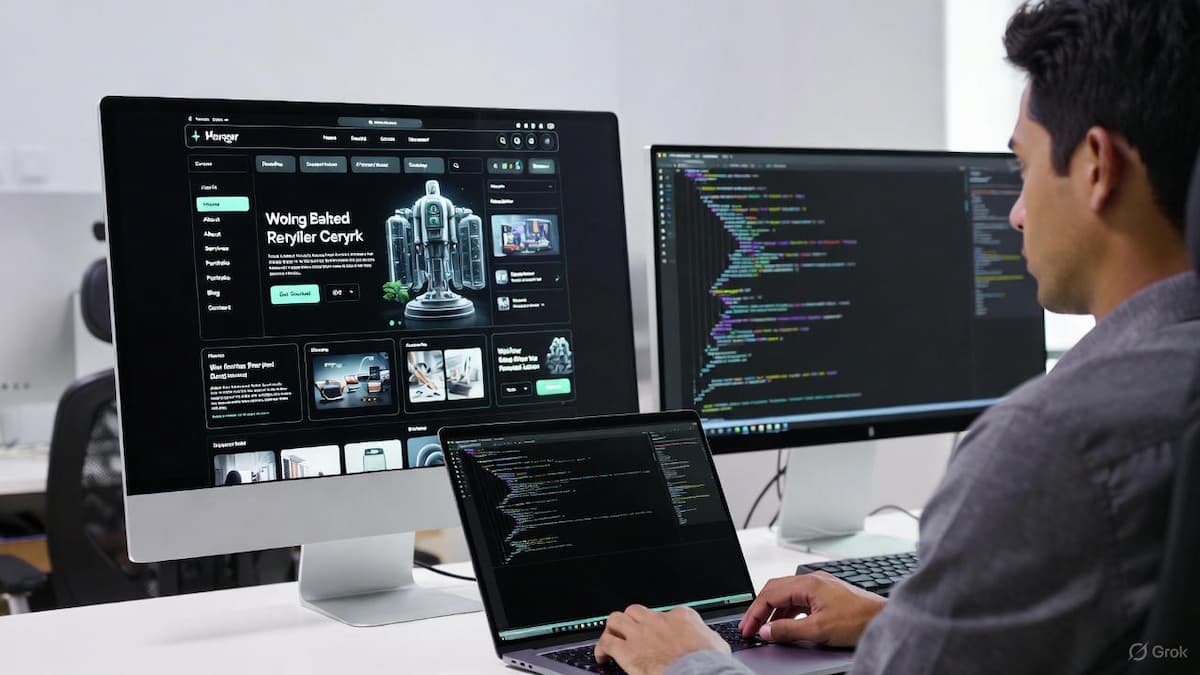 Desarrollador explorando interfaz futurista de AI Building Blocks en WordPress, ilustración para el post ¿Revolución o Riesgo para la Web? en Eclixxo
