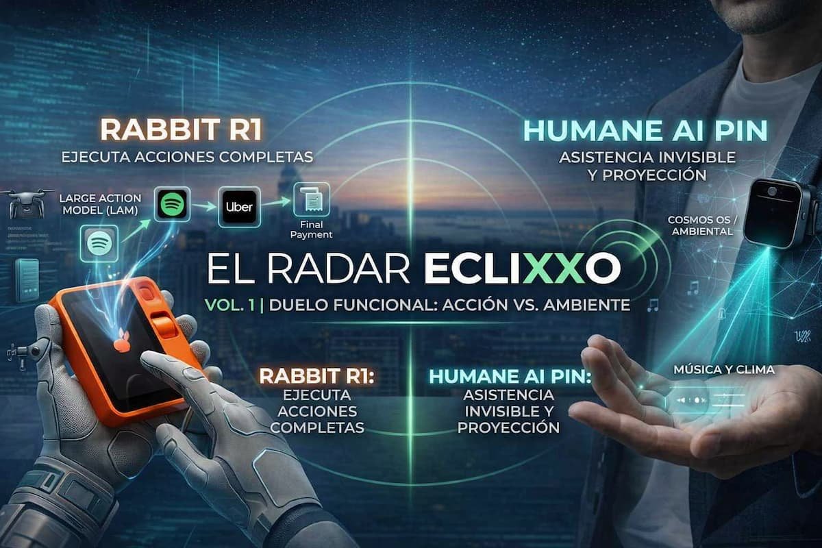 Infografía comparativa de El Radar Eclixxo mostrando el funcionamiento del Rabbit R1 con iconos de acciones en cascada (Spotify, Uber) y el Humane AI Pin proyectando una interfaz láser de música sobre la palma de una mano en un entorno futurista