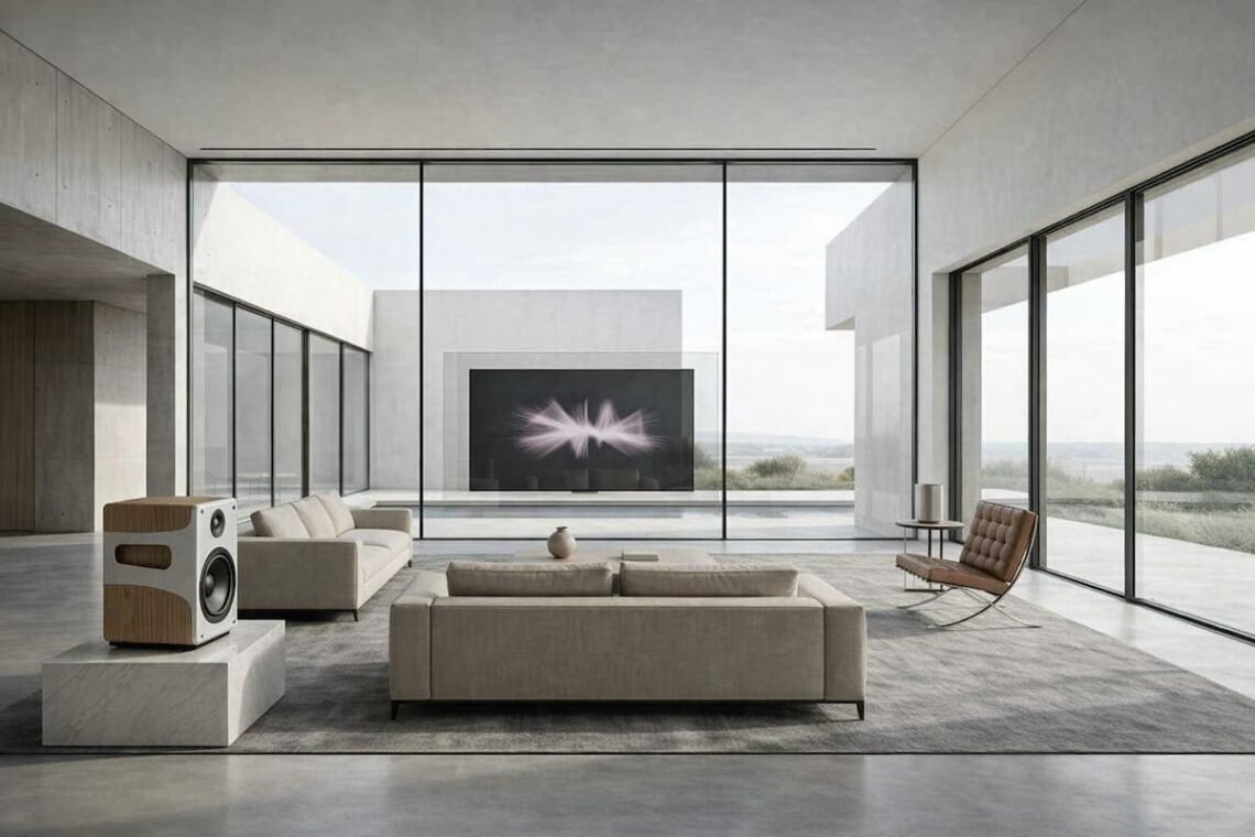 Cabecera horizontal de El Radar Eclixxo mostrando un salón ultra-minimalista de Quiet Luxury. Un altavoz escultórico de roble y una pantalla transparente integrada en el ventanal ilustran la tecnología invisible, sin cables y con iluminación natural.