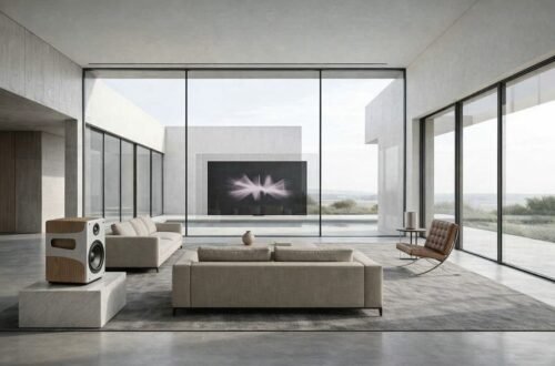 Cabecera horizontal de El Radar Eclixxo mostrando un salón ultra-minimalista de Quiet Luxury. Un altavoz escultórico de roble y una pantalla transparente integrada en el ventanal ilustran la tecnología invisible, sin cables y con iluminación natural.