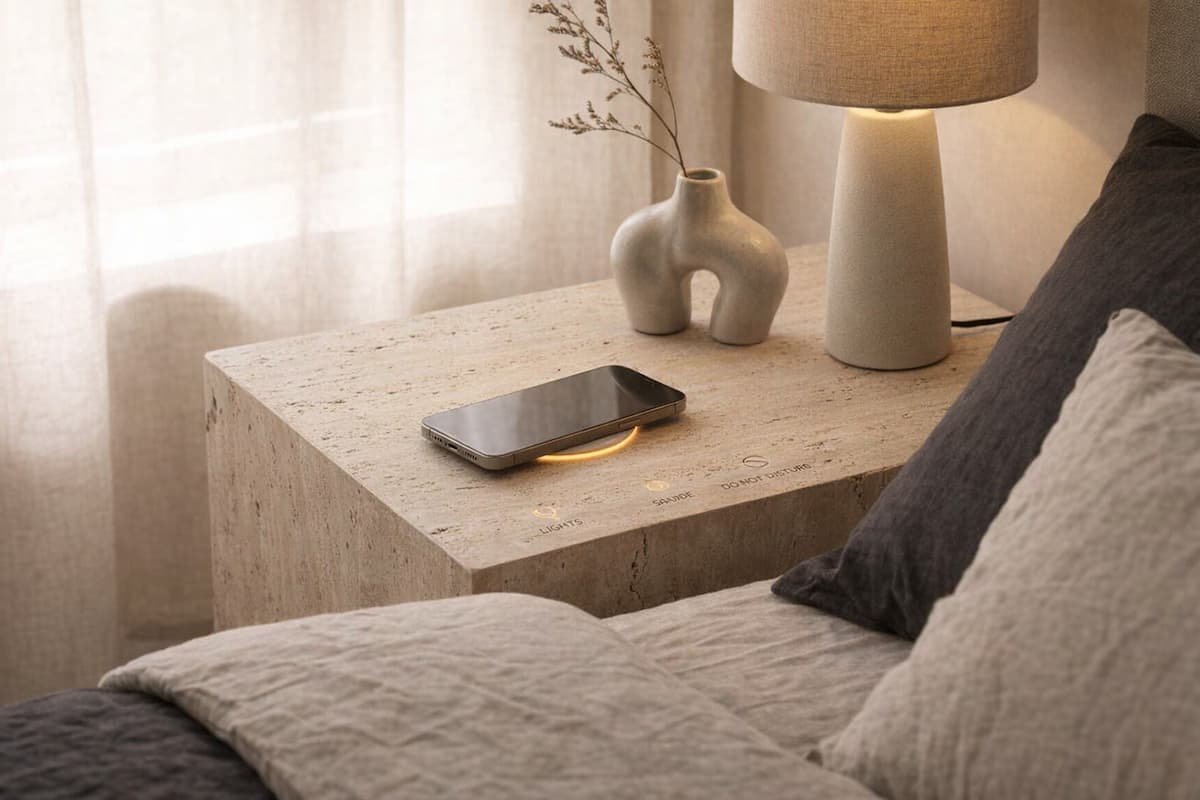 El Radar Eclixxo mostrando tecnología invisible en un dormitorio minimalista. Un smartphone carga de forma inalámbrica sobre una mesita de noche de mármol travertino con controles hápticos grabados con láser, junto a un jarrón de cerámica con una rama seca, en un entorno con luz natural suave.
