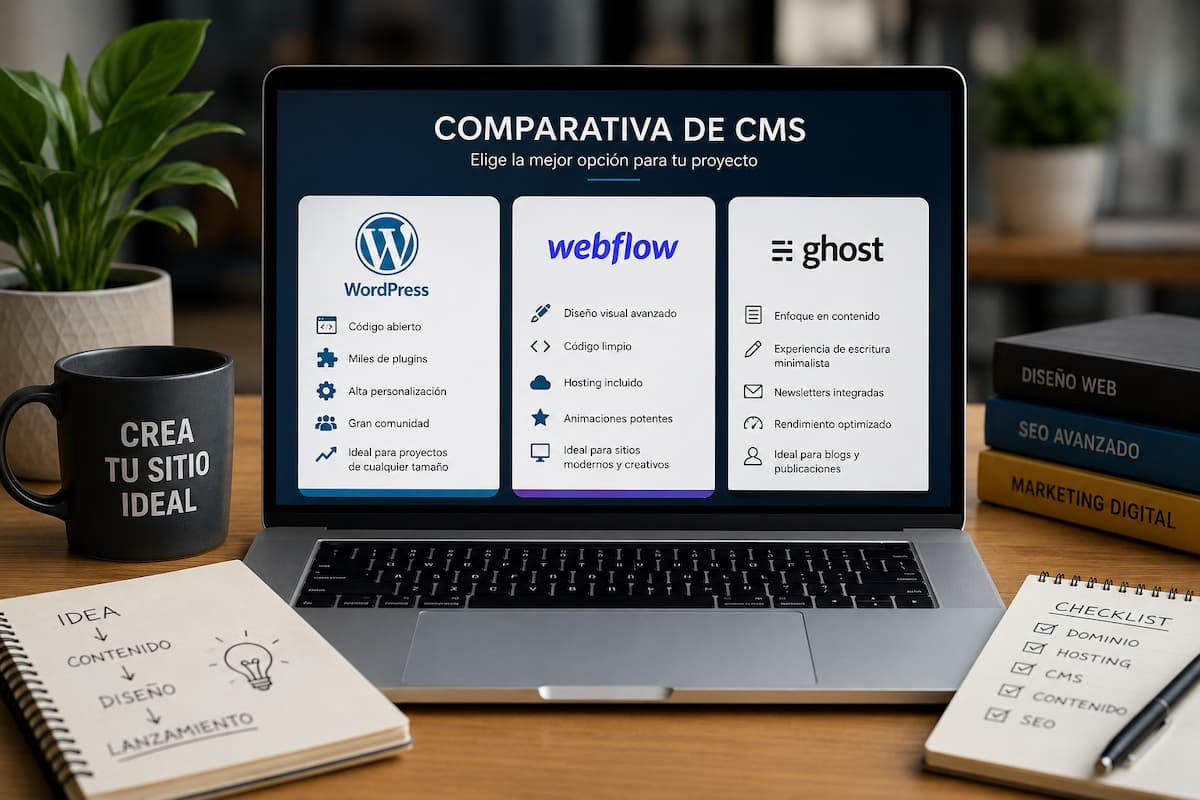 Imagen ilustrativa que compara las principales características de WordPress, Webflow y Ghost. Muestra aspectos como personalización, facilidad de uso, SEO, rendimiento y escalabilidad para ayudar a elegir la plataforma más adecuada según el tipo de proyecto.
