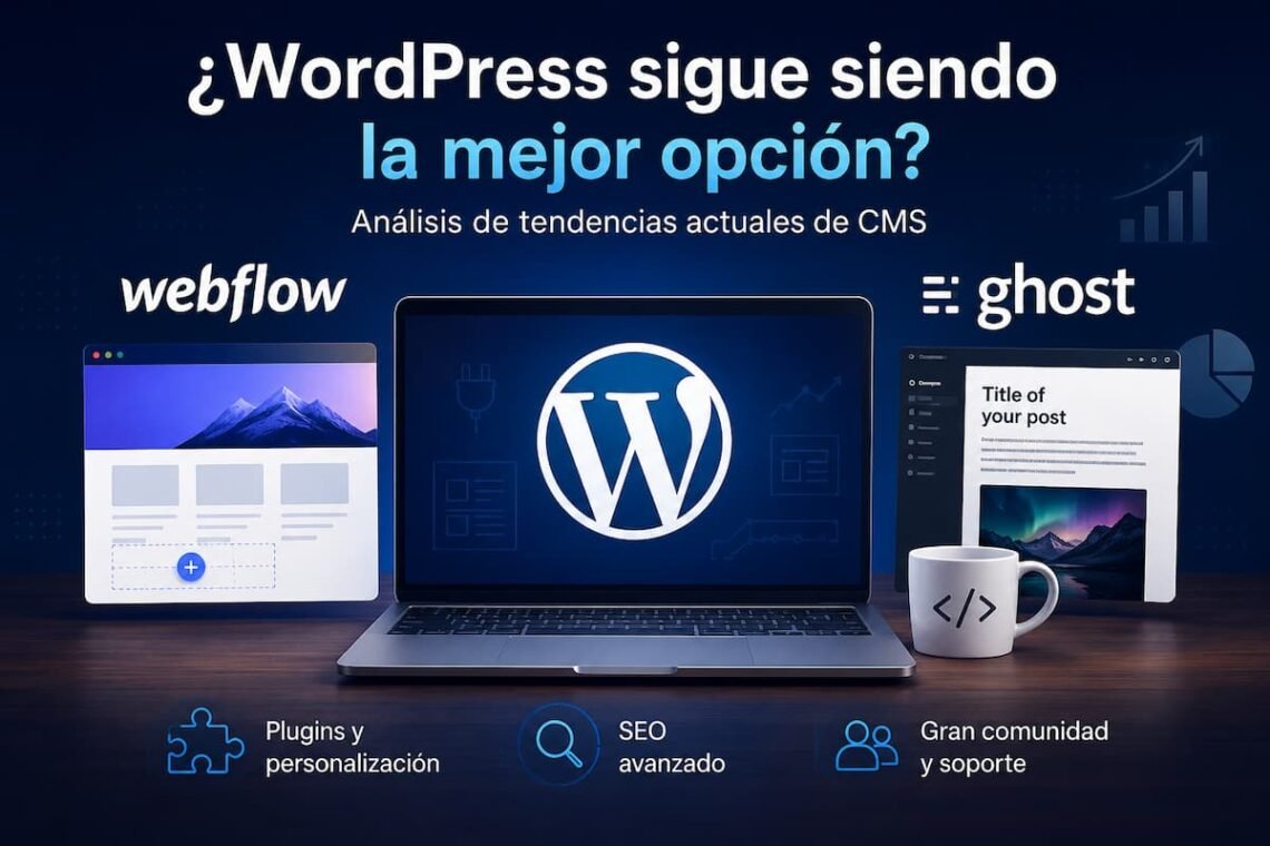 Ilustración destacada que compara WordPress, Webflow y Ghost, resaltando aspectos como la personalización, el posicionamiento SEO, el rendimiento y el soporte de la comunidad. Ideal para artículos sobre la elección del mejor CMS para desarrollar sitios web profesionales.